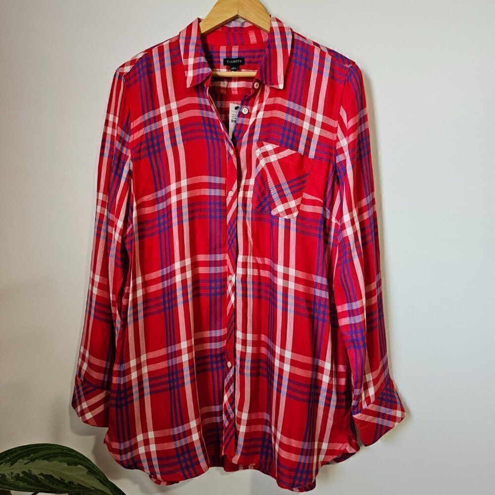 TALBOTS RED PLAID LONG LINE BUTTON DOWN LONGSLEEVES SHIRT SIZE LARGE NWT